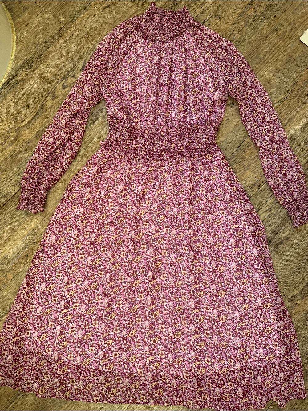 High-Neck Floral Smocked Long-Sleeve Midi Dress in Berry Pink - Picture 3 of 3